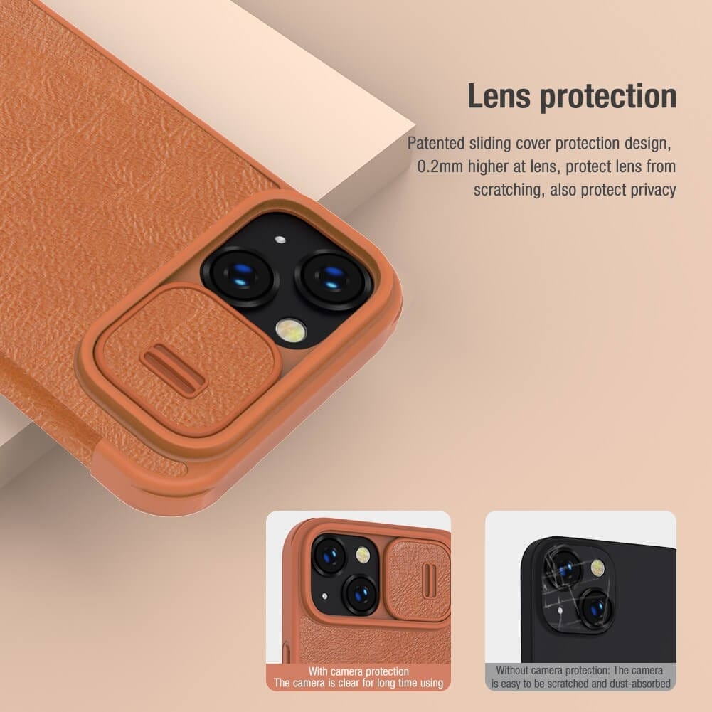 iPhone 15 Camera Protection QIN Leather Flip Case Brown