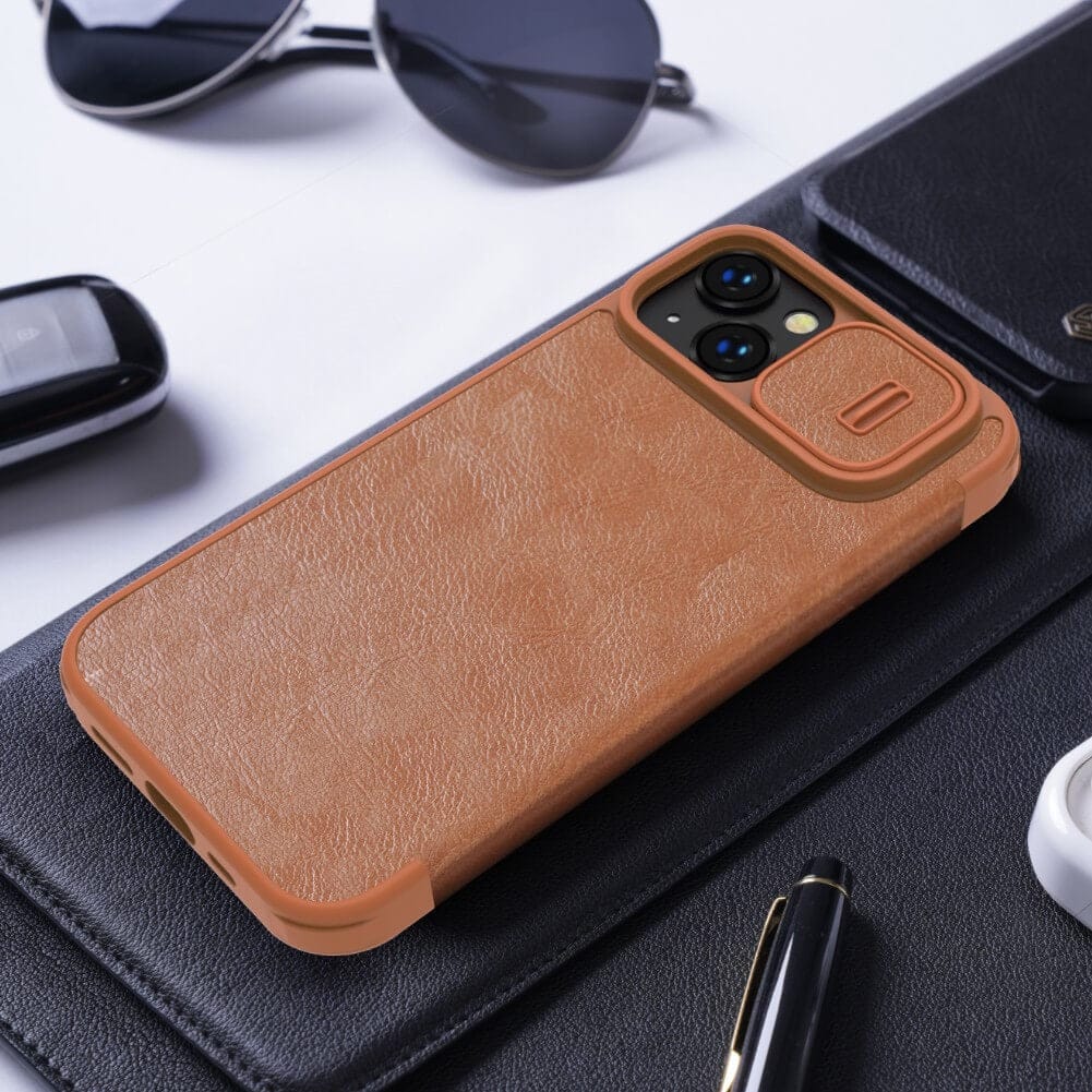 iPhone 15 Camera Protection QIN Leather Flip Case Brown