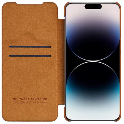 iPhone 15 Pro Camera Protection QIN Leather Flip Case Brown
