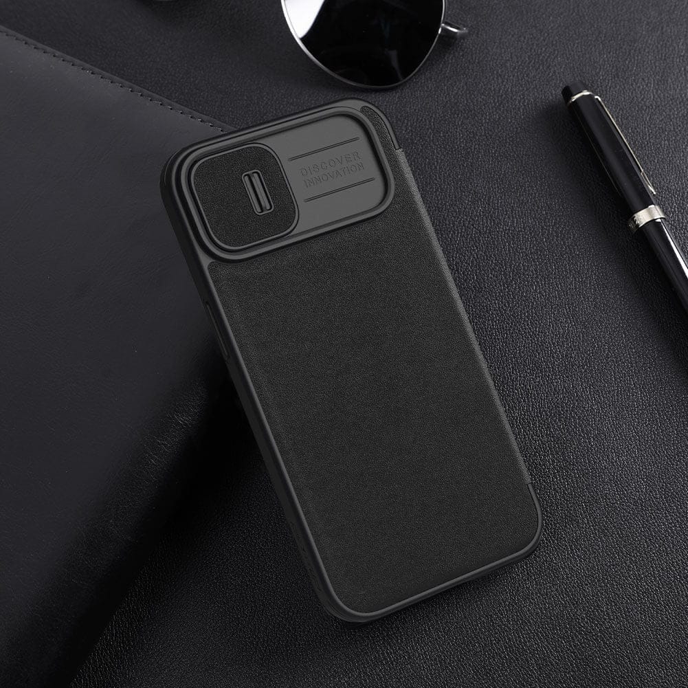 iPhone 15 Nillkin Qin Pro Plain Leather+Cloth Flip case Cover (Black)