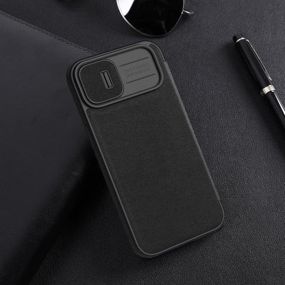 iPhone 15 Nillkin Qin Pro Plain Leather+Cloth Flip case Cover (Black)