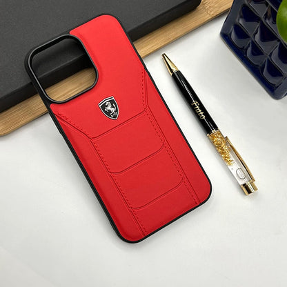 iPhone 16 Series Ferrari Sports Car Logo Side Stitch Leather Cover Red