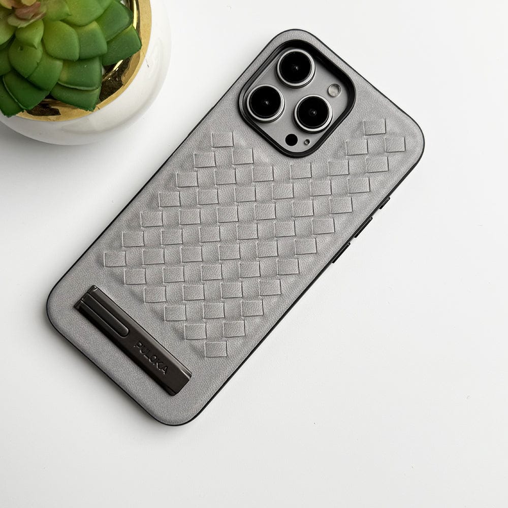iPhone 16 Series Weave Leather with Metal Kickstand Slim Back Cover