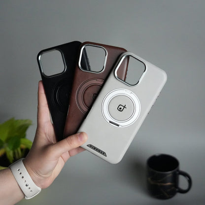 iPhone 16 Series Luxury Leather Magnetic Ring Case | Metal Camera Frame and Kickstand Cover