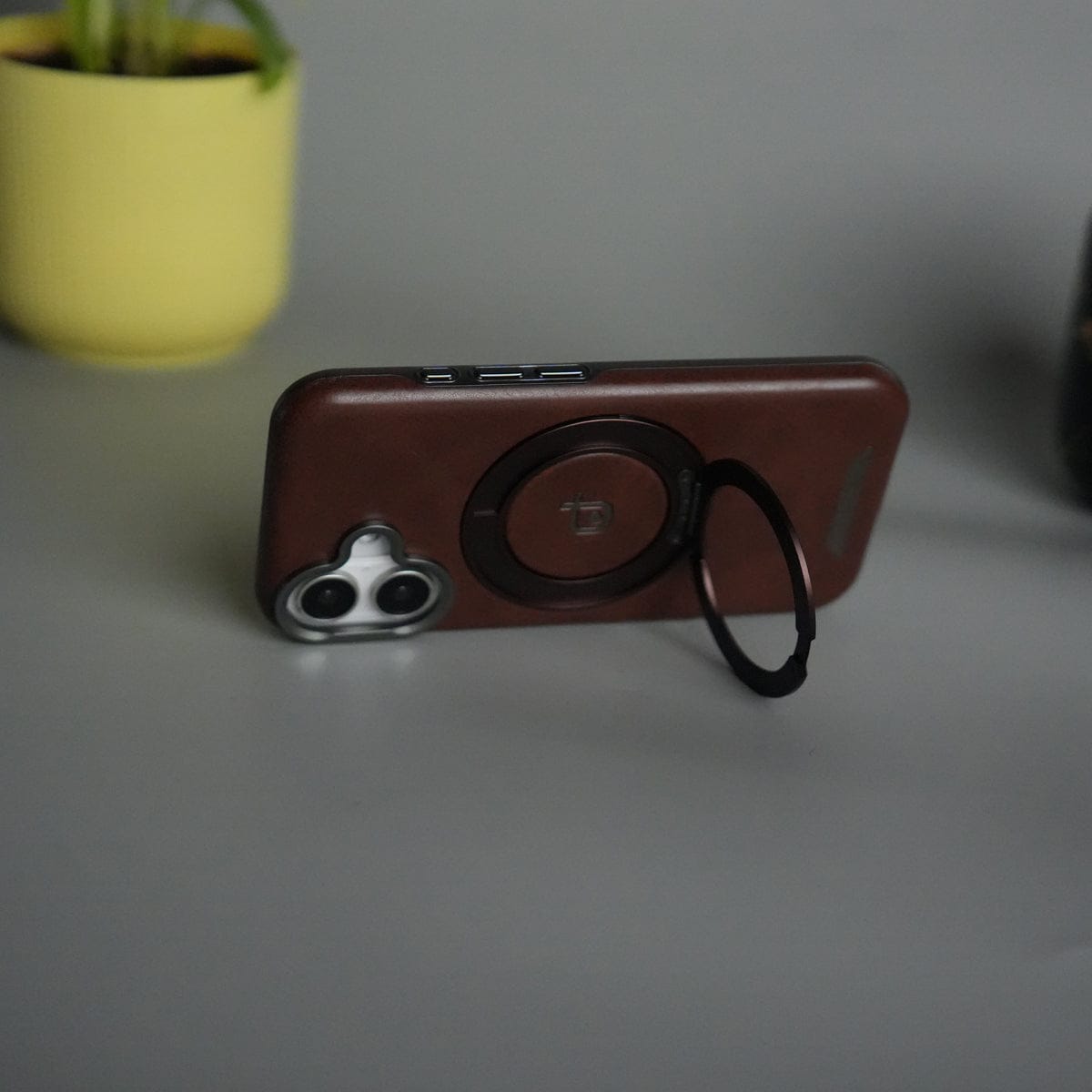 iPhone 16 Series Luxury Leather Magnetic Ring Case | Metal Camera Frame and Kickstand Cover