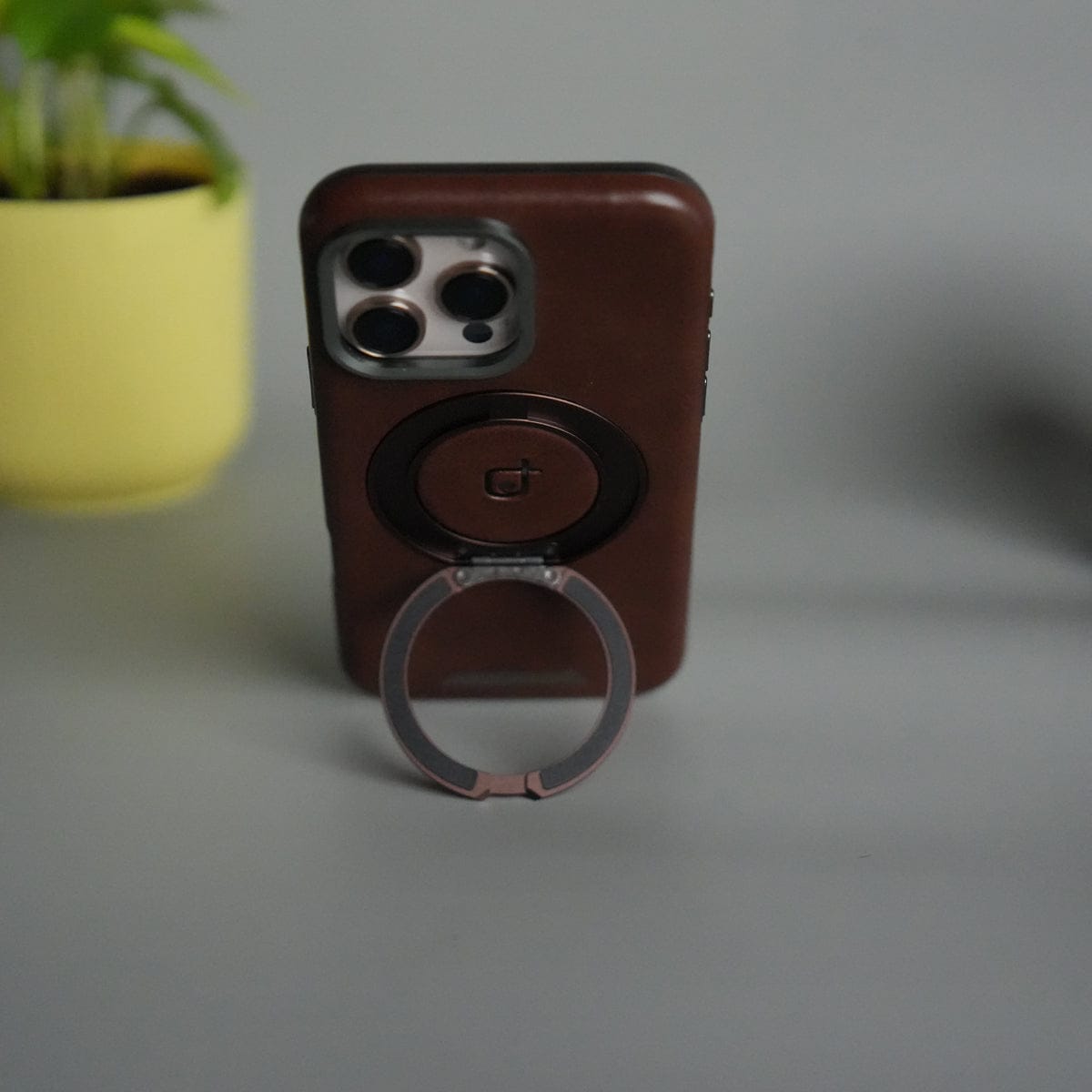 iPhone 16 Series Luxury Leather Magnetic Ring Case | Metal Camera Frame and Kickstand Cover