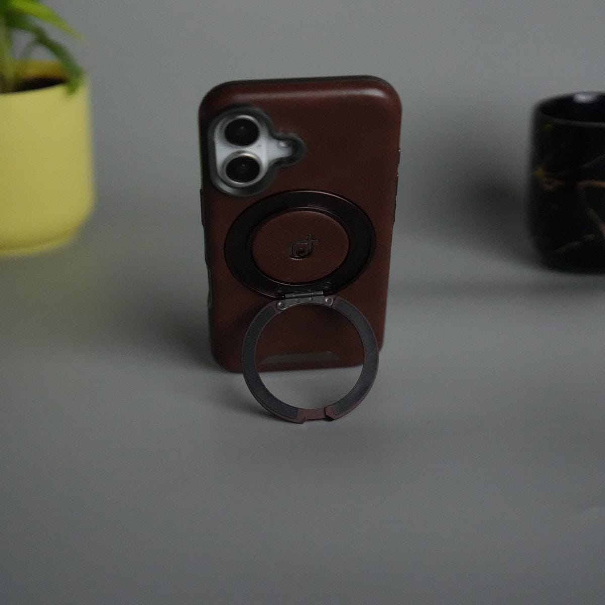 iPhone 16 Series Luxury Leather Magnetic Ring Case | Metal Camera Frame and Kickstand Cover