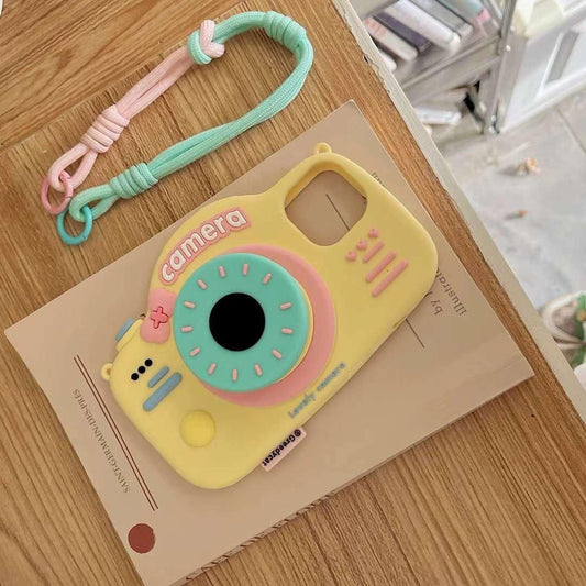 iPhone 3D Cute Silicone Camera Design Case Cover With Lanyard Strap