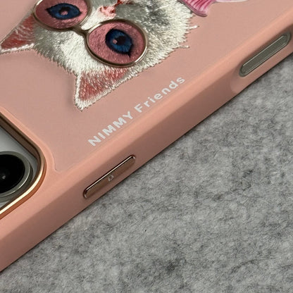iPhone 3D Embroidery Cat Pink Zipper Jacket Case