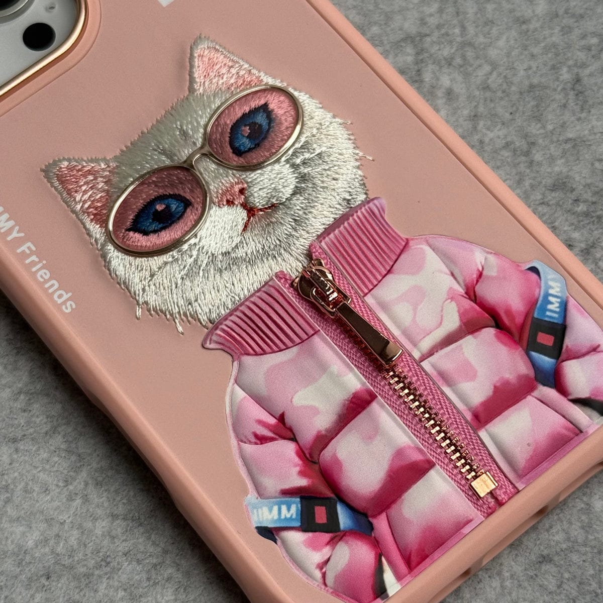 iPhone 3D Embroidery Cat Pink Zipper Jacket Case