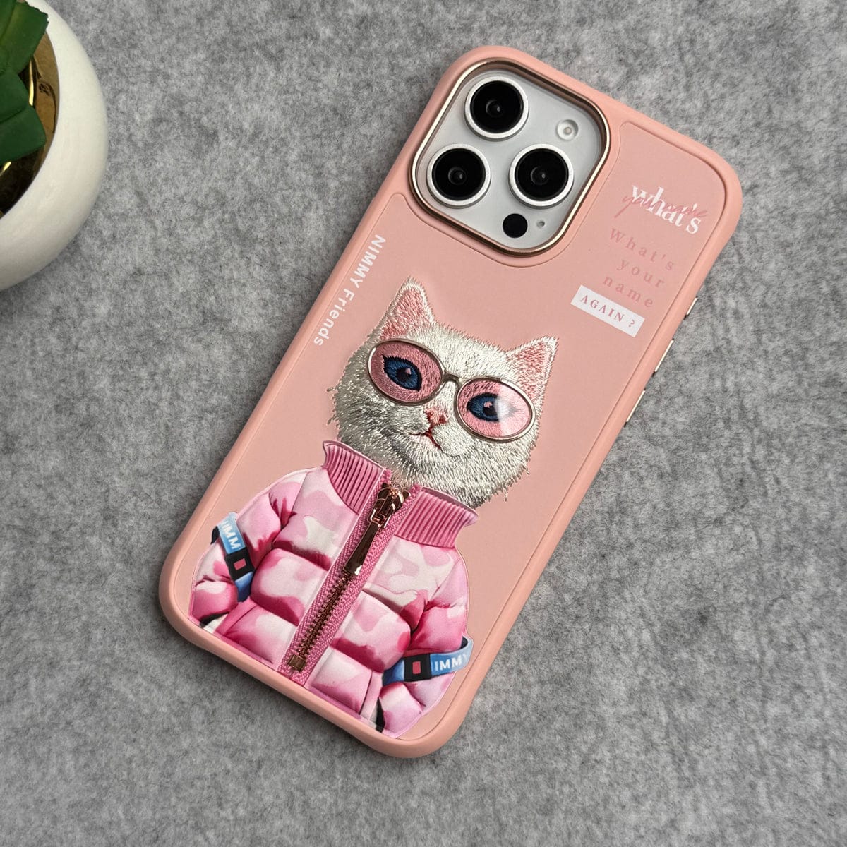 iPhone 3D Embroidery Cat Pink Zipper Jacket Case