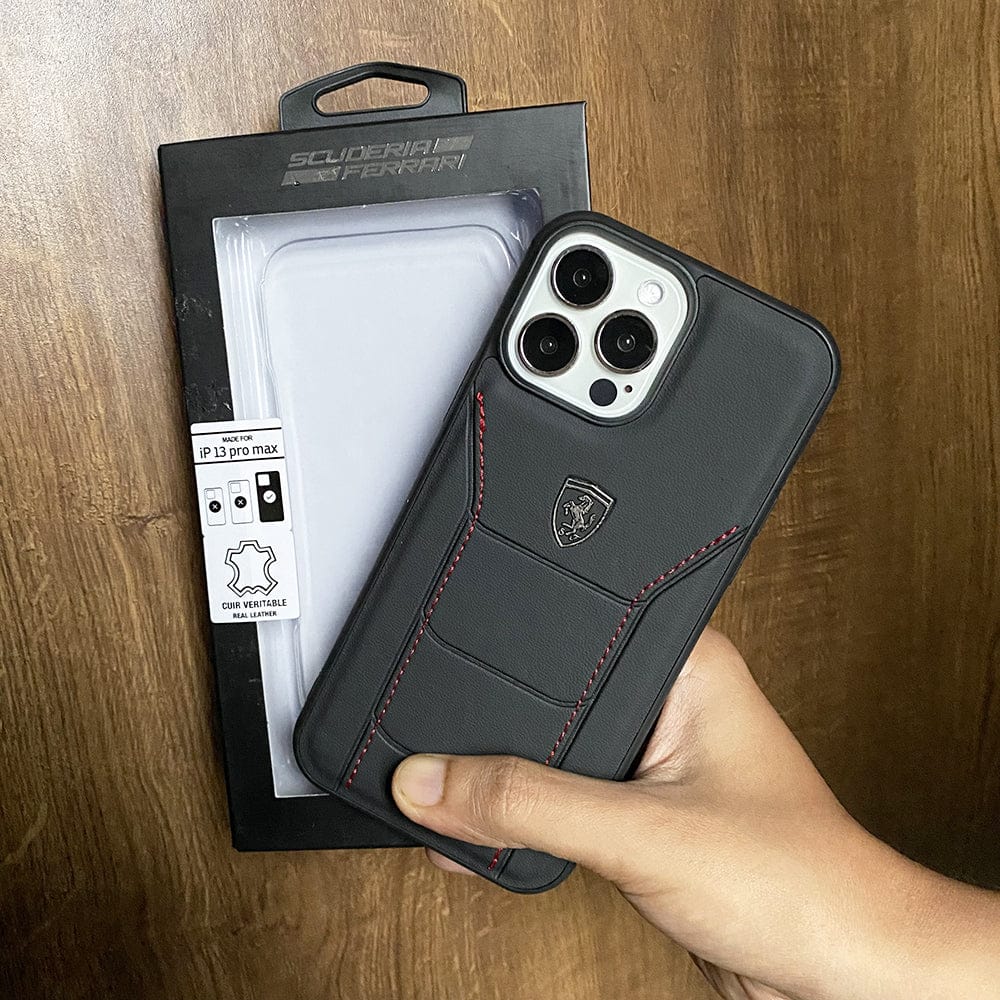 iPhone 16 Series Ferrari Sports Car Logo Side Stitch Leather Cover Black