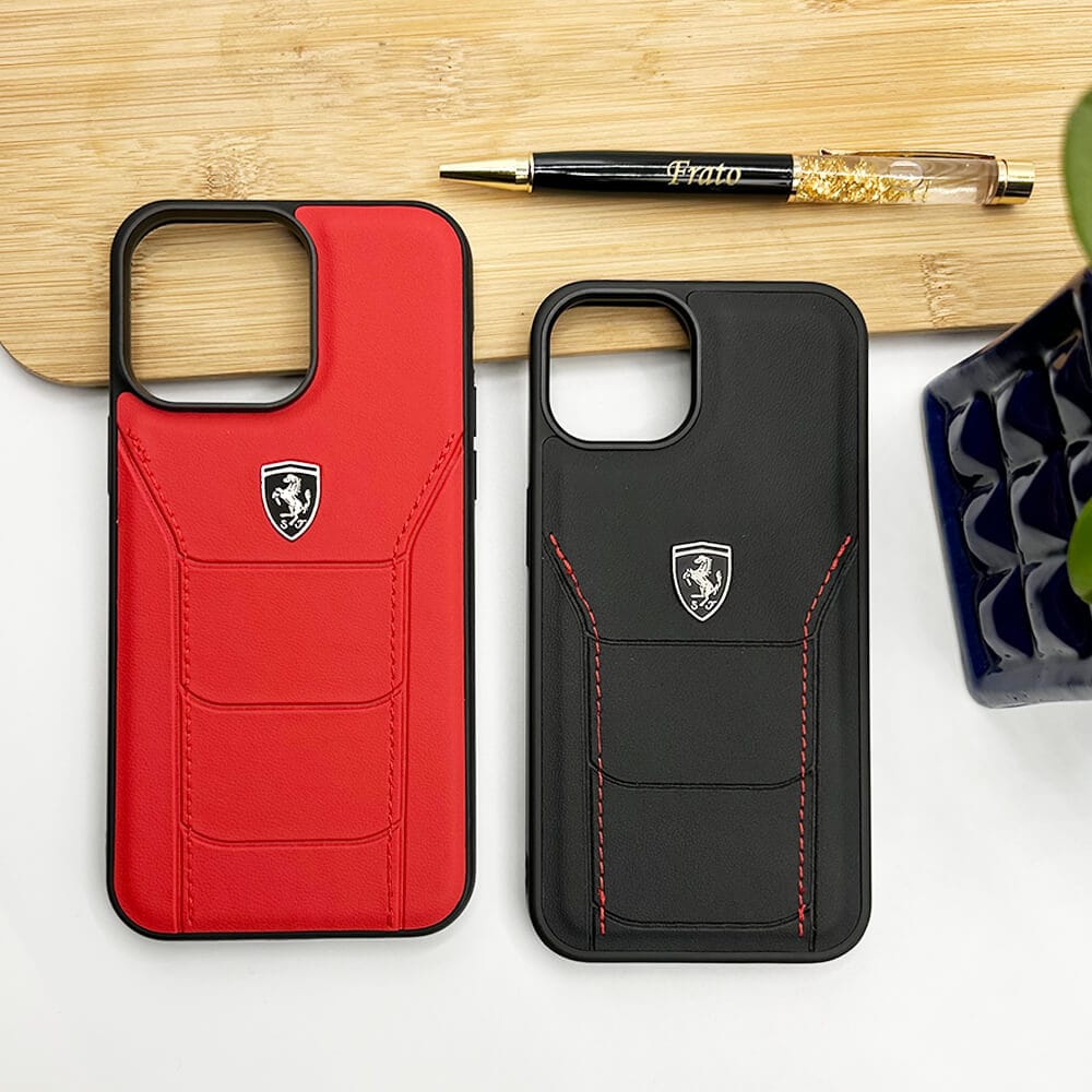 iPhone 16 Series Ferrari Sports Car Logo Side Stitch Leather Cover Black