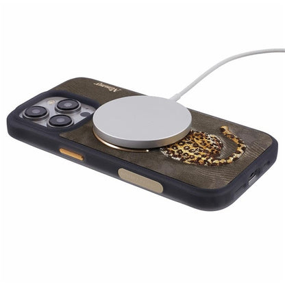 iPhone Premium 3D Embroidered Animal Series Leather MagSafe Case Cover (Golden Leopard)