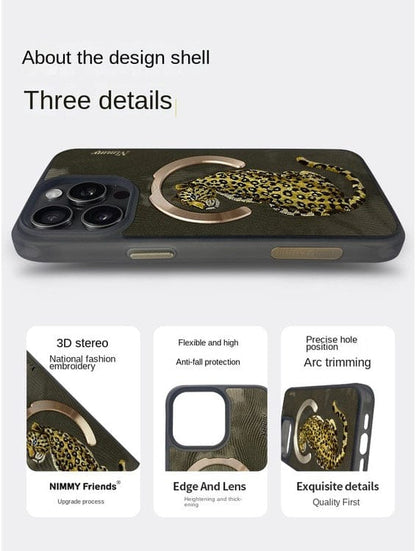 iPhone Premium 3D Embroidered Animal Series Leather MagSafe Case Cover (Golden Leopard)