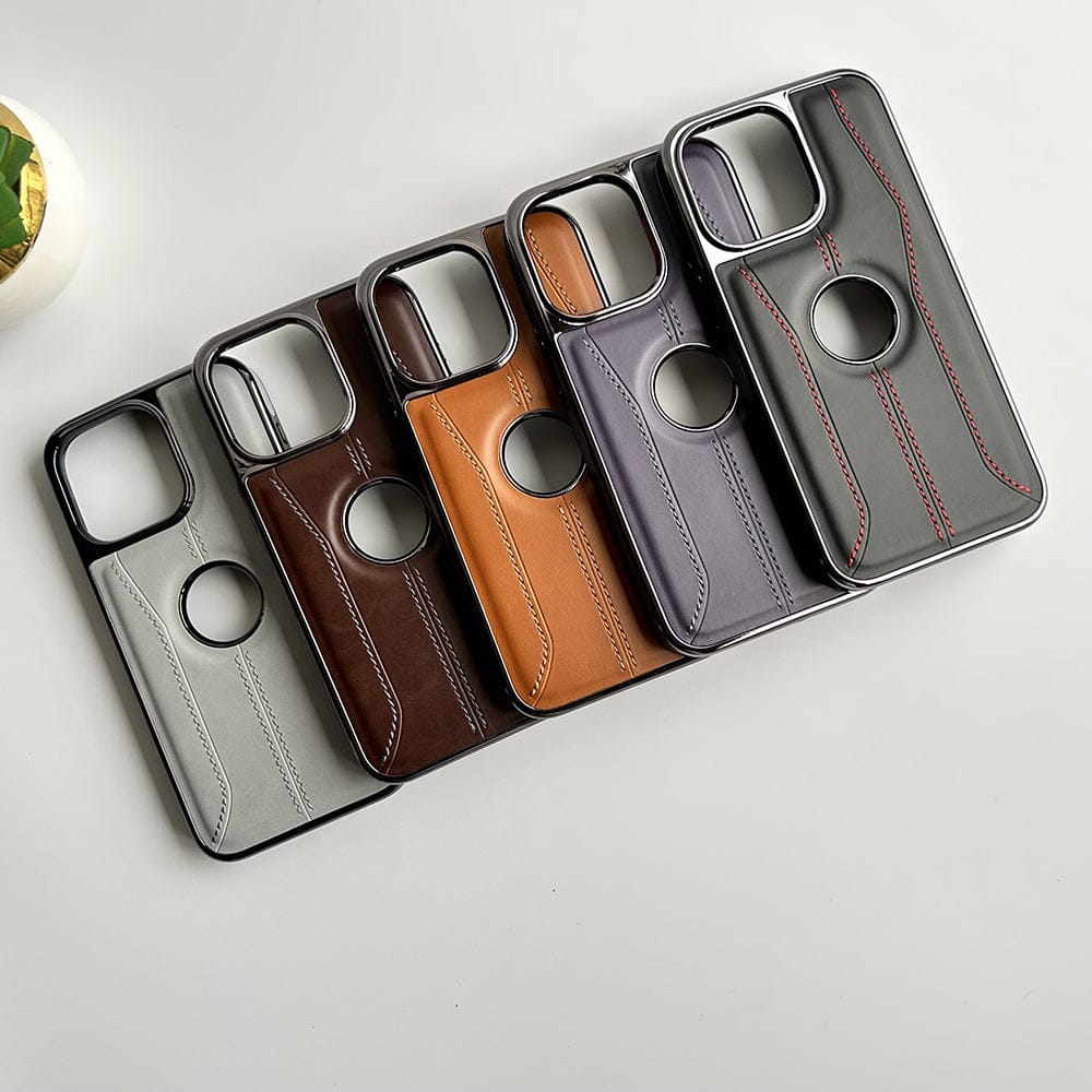 iPhone 16 Series Stitch PU Leather Side Chrome Case Cover