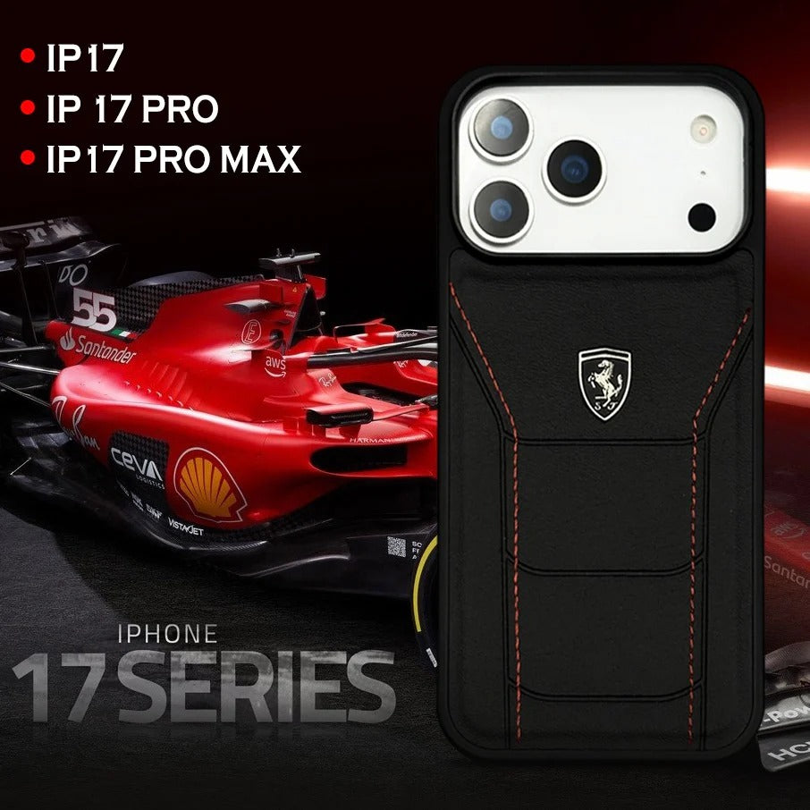 iPhone 17 Pro Max Ferrari Sports Car Heritage Leather Stitched Case - Black