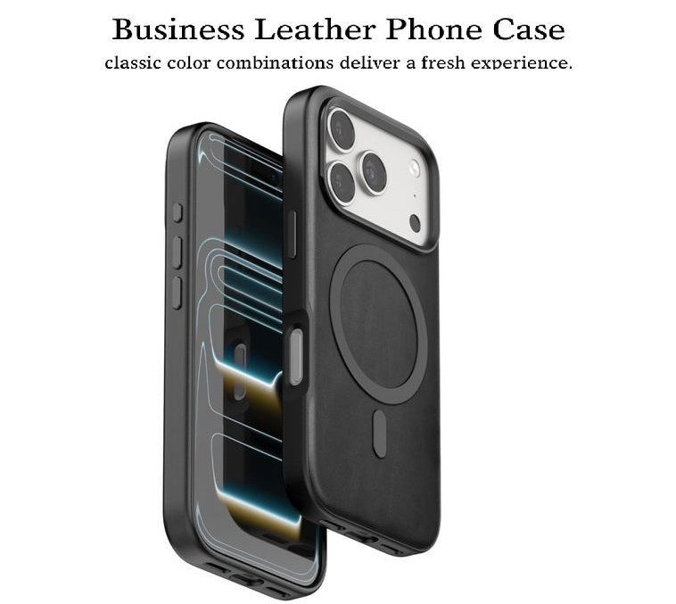 iPhone 17 Pro Max Leather Magsafe Case Premium Luxurious Leather with Metal Magnetic Magsafe Ring - Black