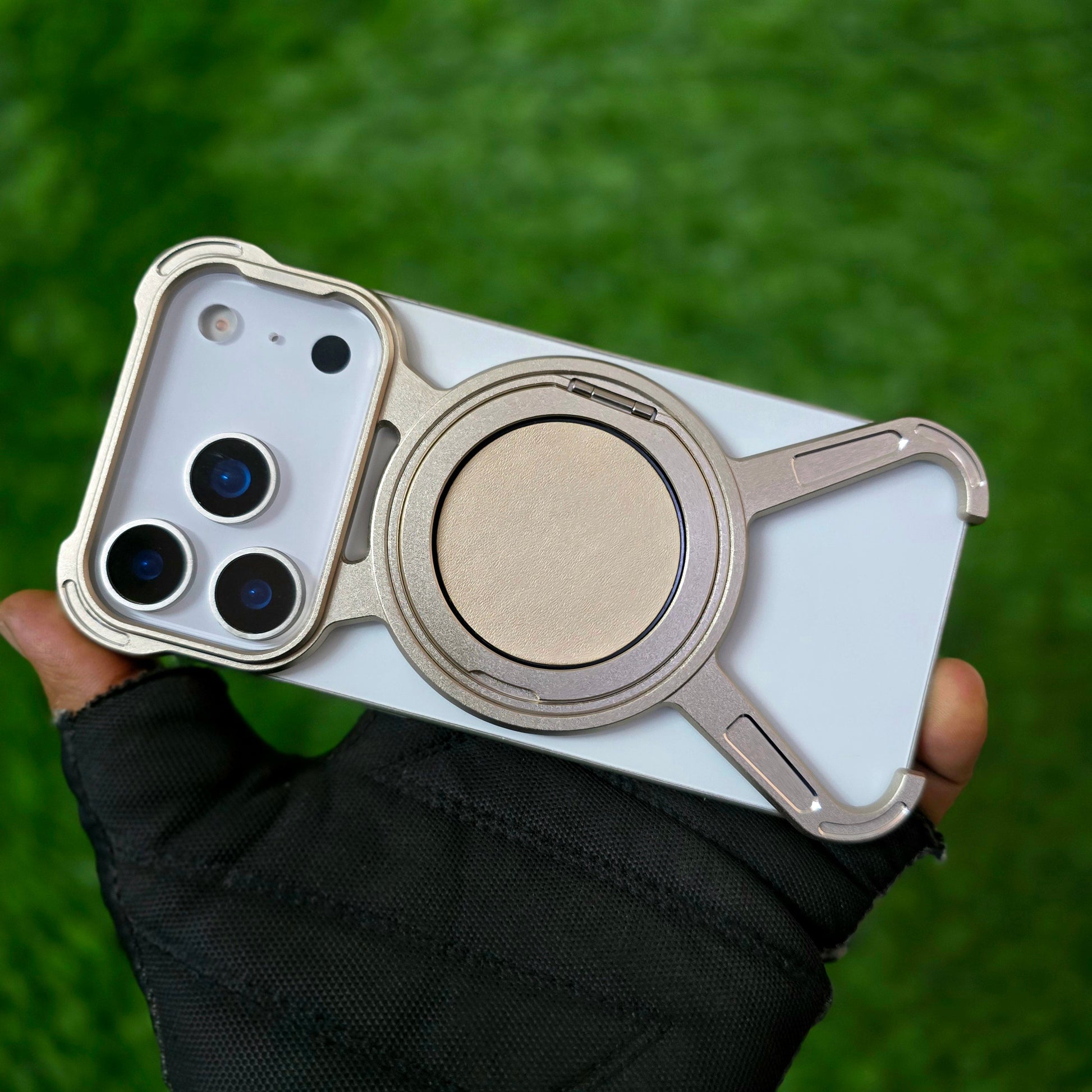 iPhone 17 Pro Max Metal X-Shape Frameless Bumper Case 360° Rotatable Stand with Magsafe - Desert Titanium