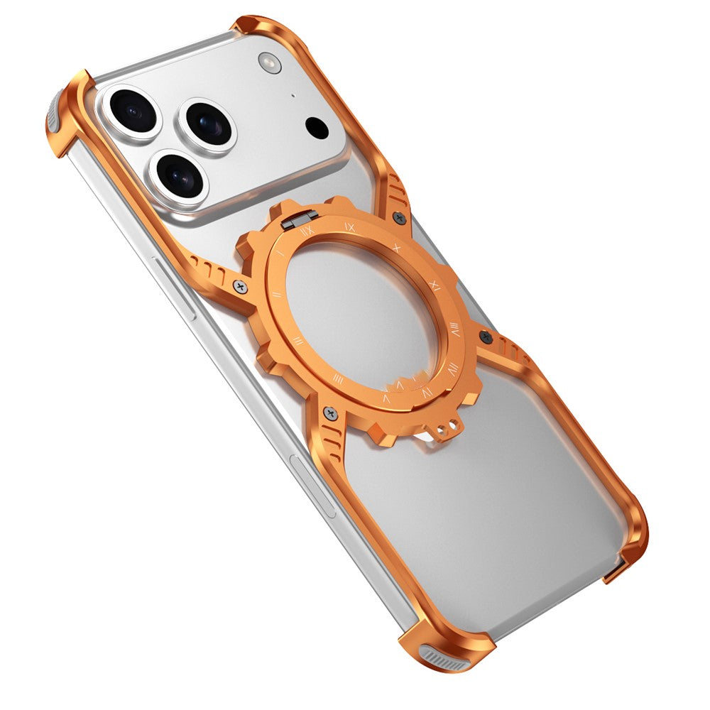 iPhone 17 Pro Max Metal Bumper Case, Aluminum Alloy X-Shape Luminous Kickstand with Magsafe - Orange