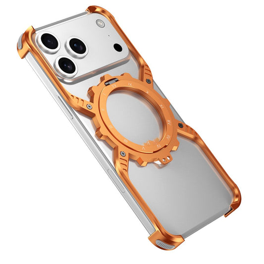 iPhone 17 Pro Max Metal Bumper Case, Aluminum Alloy X-Shape Luminous Kickstand with Magsafe - Orange