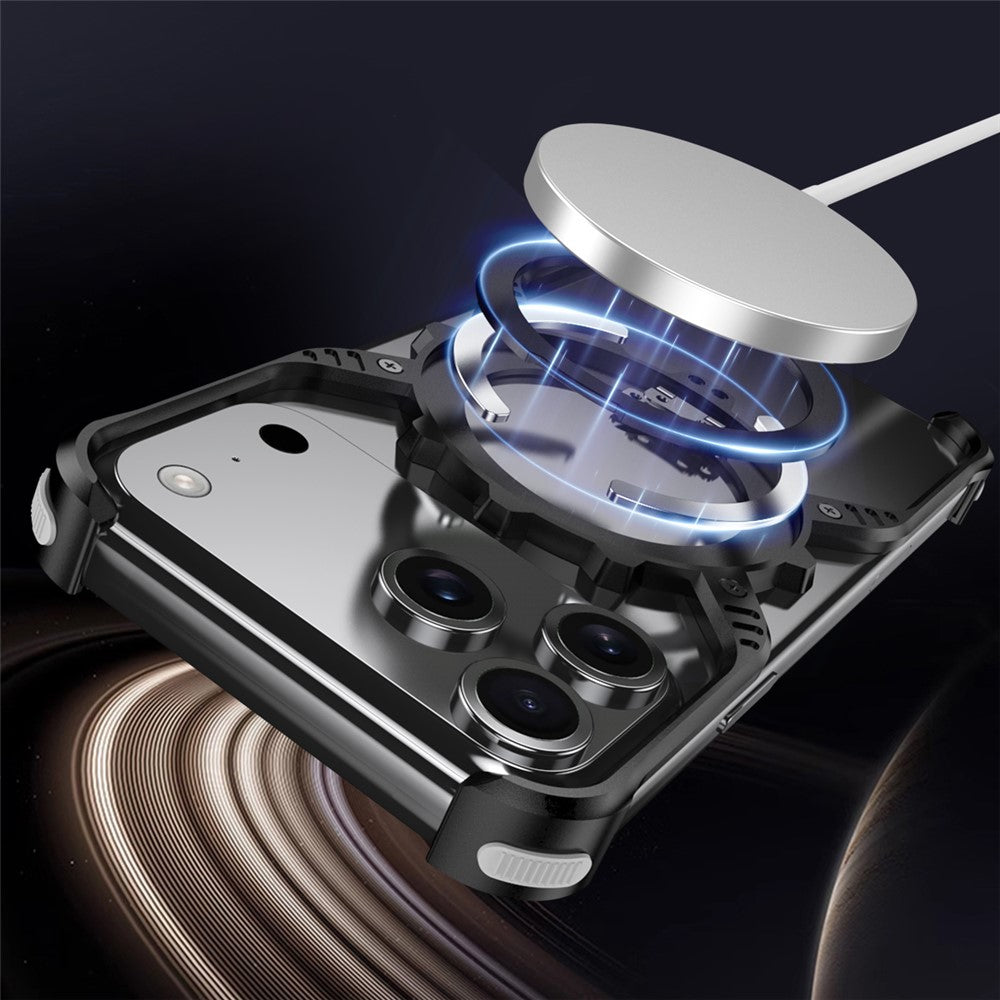 iPhone 17 Pro Max Metal Bumper Case, Aluminum Alloy X-Shape Luminous Kickstand with Magsafe - Black