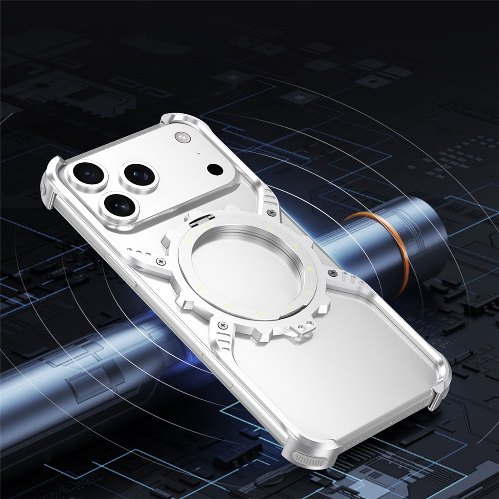 iPhone 17 Pro Max Metal Bumper Case, Aluminum Alloy X-Shape Luminous Kickstand with Magsafe - Silver