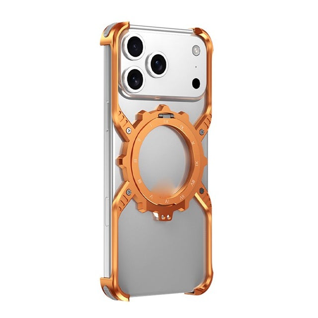 iPhone 17 Pro Max Metal Bumper Case, Aluminum Alloy X-Shape Luminous Kickstand with Magsafe - Orange