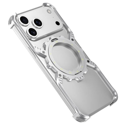 iPhone 17 Pro Max Metal Bumper Case, Aluminum Alloy X-Shape Luminous Kickstand with Magsafe - Silver