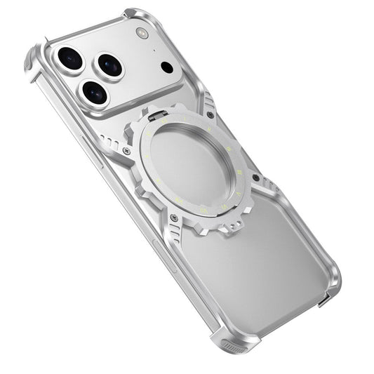 iPhone 17 Pro Max Metal Bumper Case, Aluminum Alloy X-Shape Luminous Kickstand with Magsafe - Silver