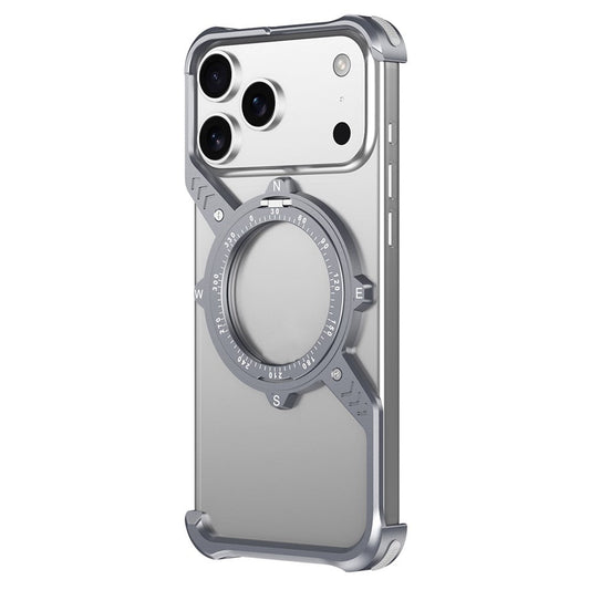 iPhone 17 Pro Max Metal Bumper Case, Corner Airbag S-Shape Luminous Kickstand with Magsafe - Silver