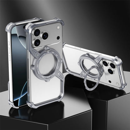 iPhone 17 Pro Max Metal Bumper Case, Corner Airbag S-Shape Luminous Kickstand with Magsafe - Silver