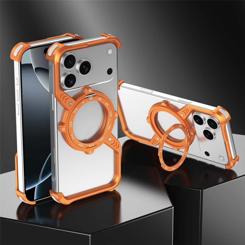 iPhone 17 Pro Max Metal Bumper Case, Corner Airbag S-Shape Luminous Kickstand with Magsafe - Orange