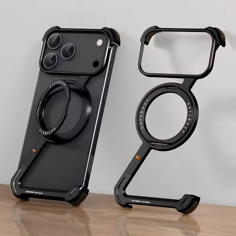 iPhone 17 Pro Max Metal Frameless Bumper Case 360° Rotatable Stand with Magsafe - Black