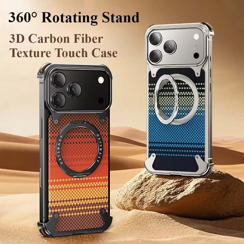 iPhone 17 Pro Max Metal Case, Frameless Leather Magnetic Invisible Stand Cover with Magsafe - Blue