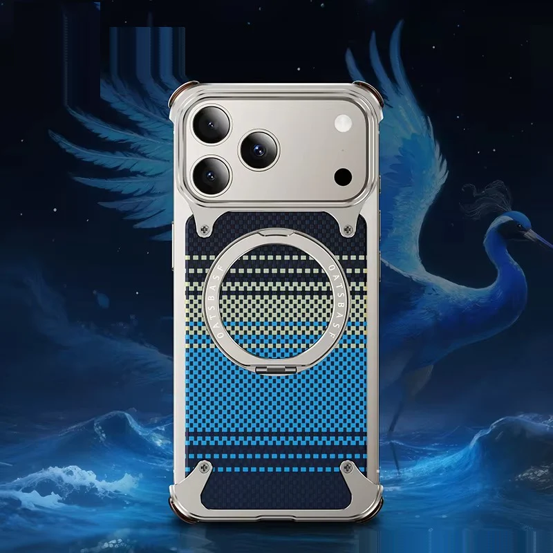 iPhone 17 Pro Max Metal Case, Frameless Leather Magnetic Invisible Stand Cover with Magsafe - Blue