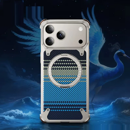 iPhone 17 Pro Max Metal Case, Frameless Leather Magnetic Invisible Stand Cover with Magsafe - Blue