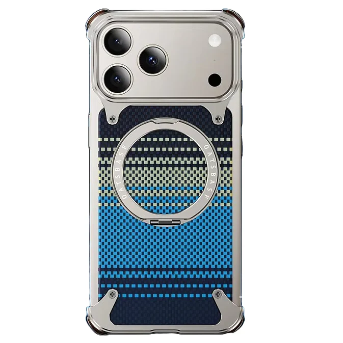 iPhone 17 Pro Max Metal Case, Frameless Leather Magnetic Invisible Stand Cover with Magsafe - Blue