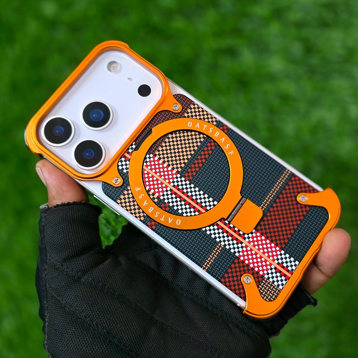 iPhone 17 Pro Max Metal Case, Frameless Leather Magnetic Invisible Stand Cover with Magsafe - Orange