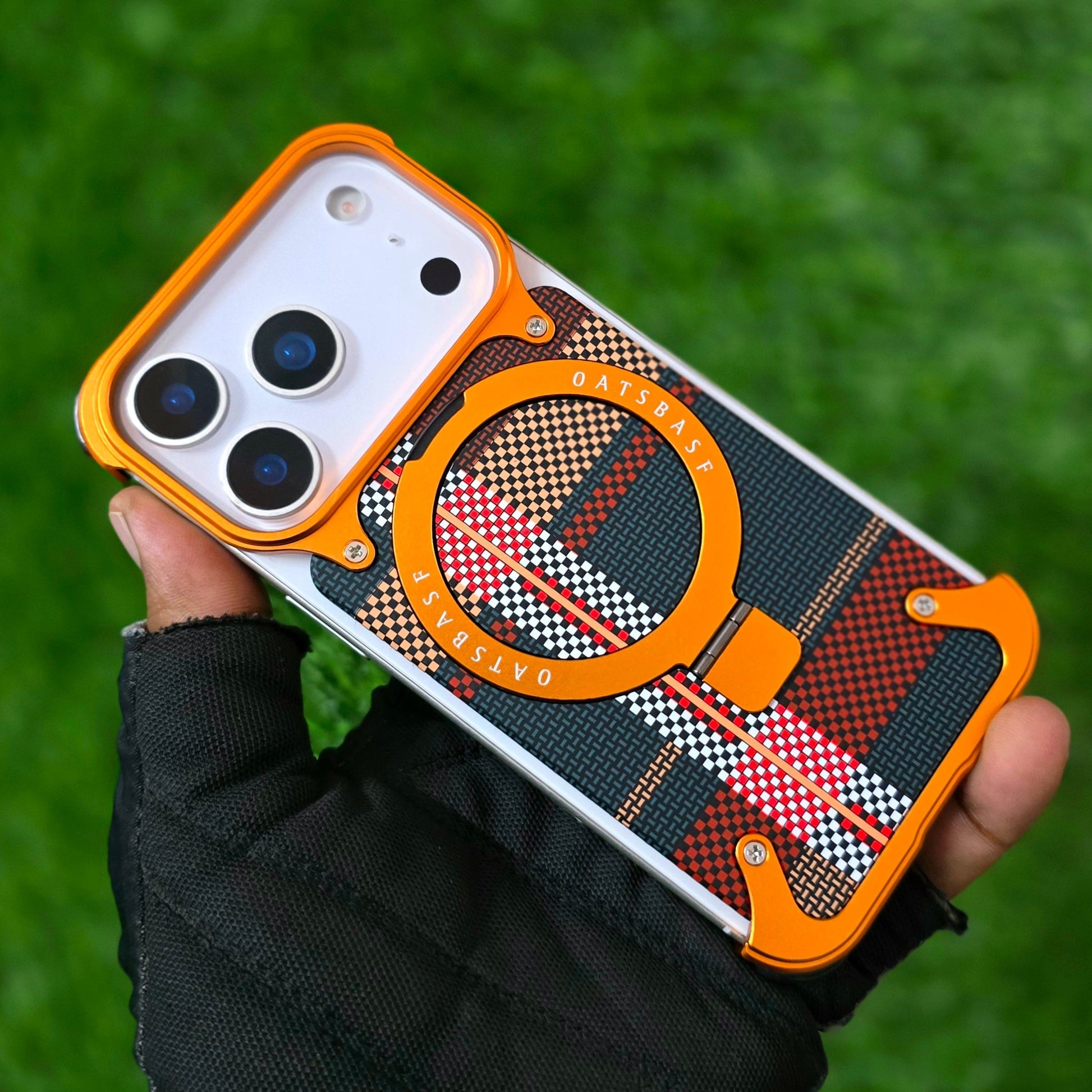 iPhone 17 Pro Max Metal Case, Frameless Leather Magnetic Invisible Stand Cover with Magsafe - Orange