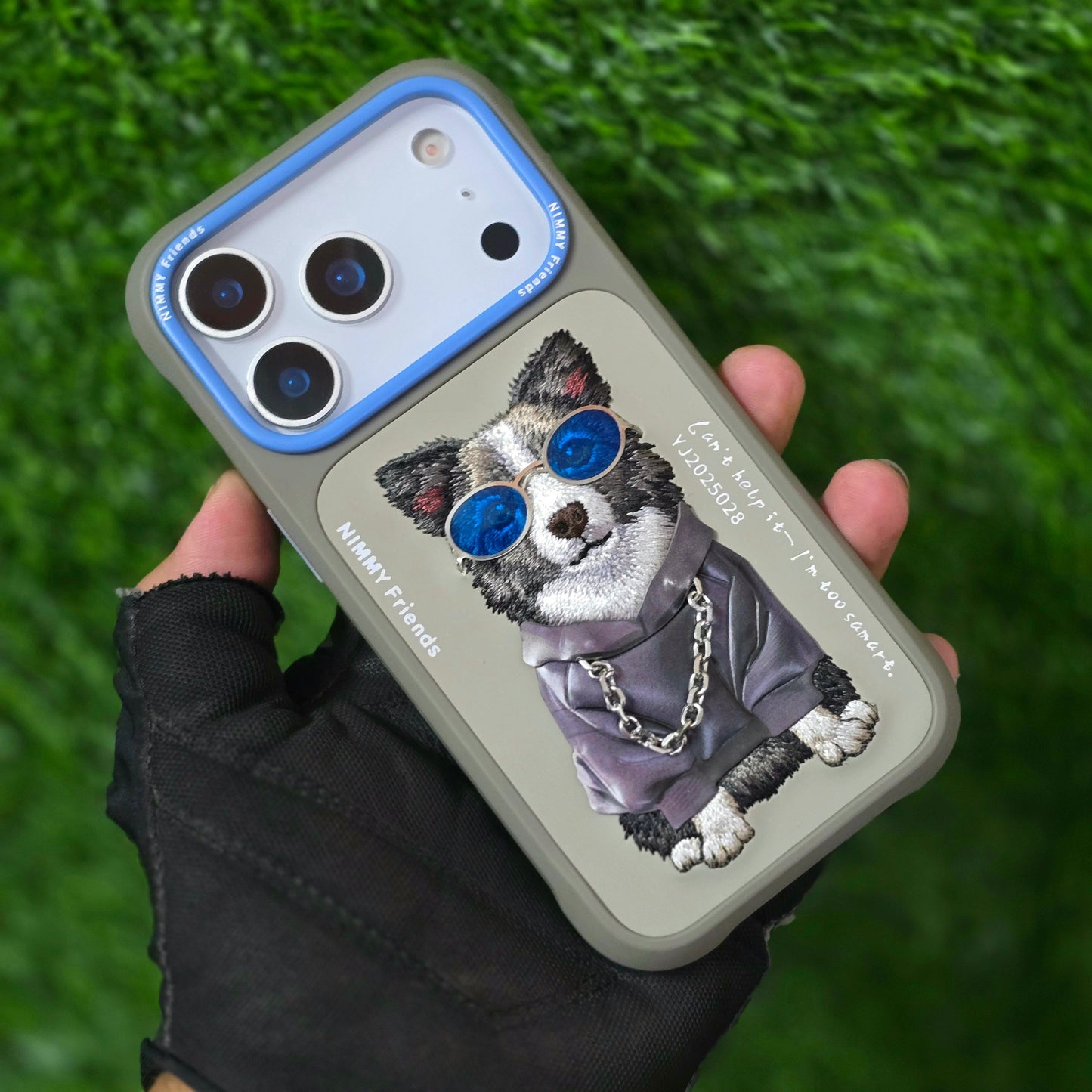 iPhone 17 Pro Max Nimmy Case, Swag Dog 3D Embroidery Swag Dog Real Chain Case - Grey