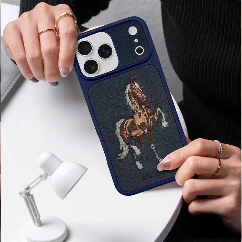 iPhone 17 Pro Max Genuine Leather Original Santa Barbara Polo Club Boris Series Back Cover - Blue