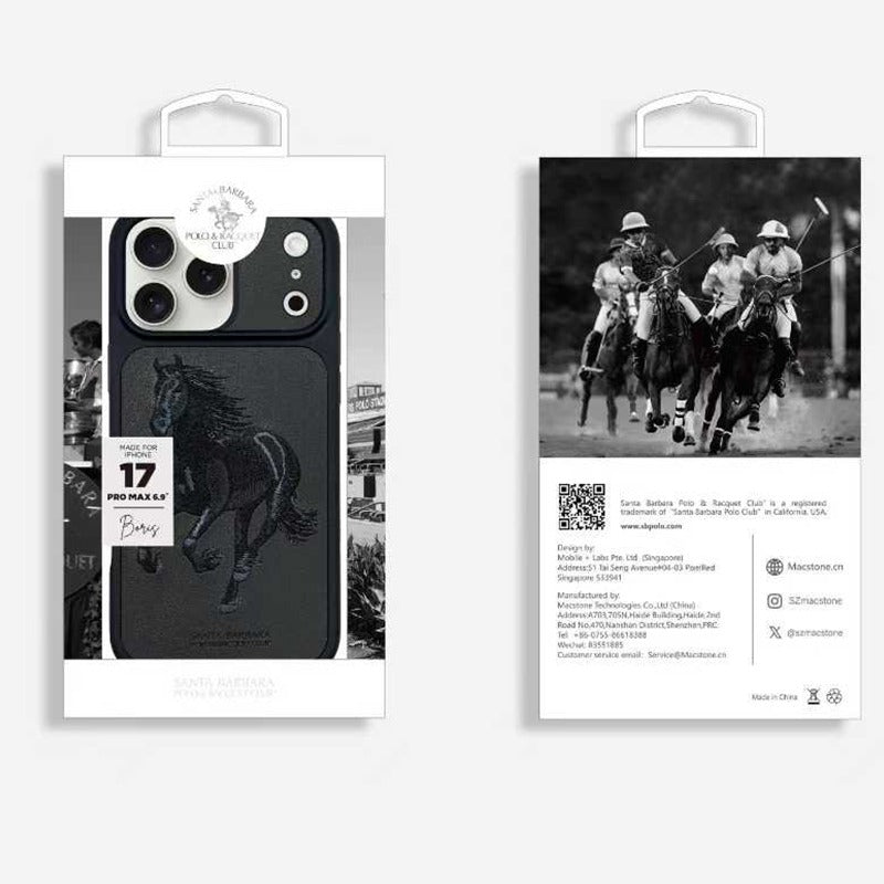 iPhone 17 Pro Max Genuine Leather Original Santa Barbara Polo Club Boris Series Back Cover - Black