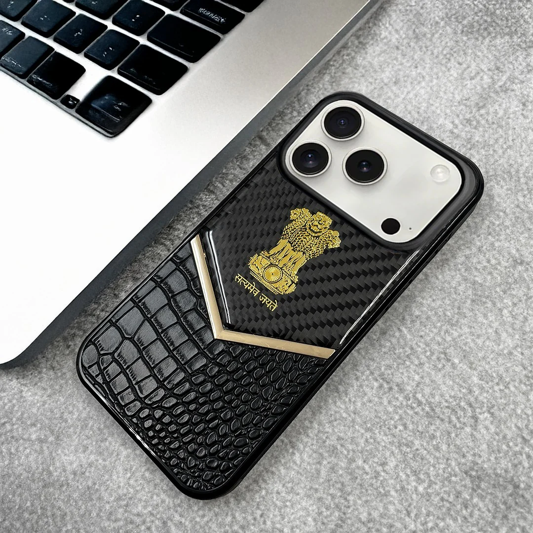 iPhone 17 Pro Max "Satyamev Jayate" Crock & Carbon Pattern Printed Logo Case