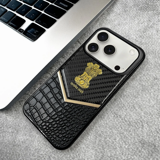iPhone 17 Pro Max "Satyamev Jayate" Crock & Carbon Pattern Printed Logo Case