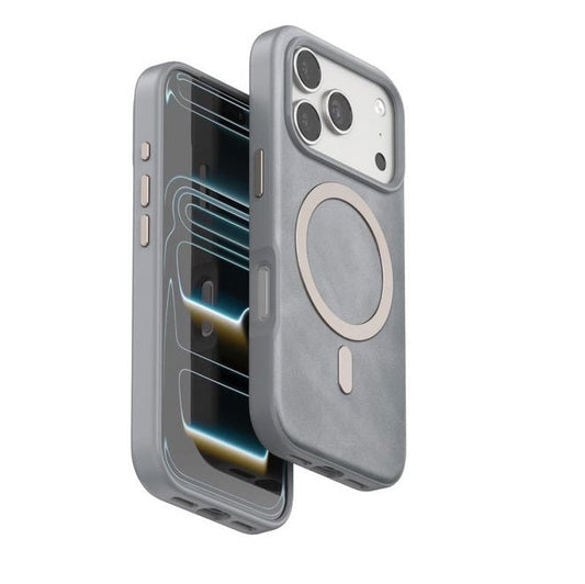 iPhone 17 Pro Max Leather Magsafe Case Premium Luxurious Leather with Metal Magnetic Magsafe Ring - Grey