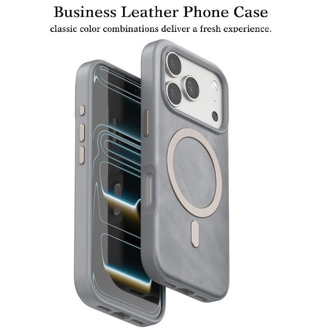 iPhone 17 Pro Max Leather Magsafe Case Premium Luxurious Leather with Metal Magnetic Magsafe Ring - Grey