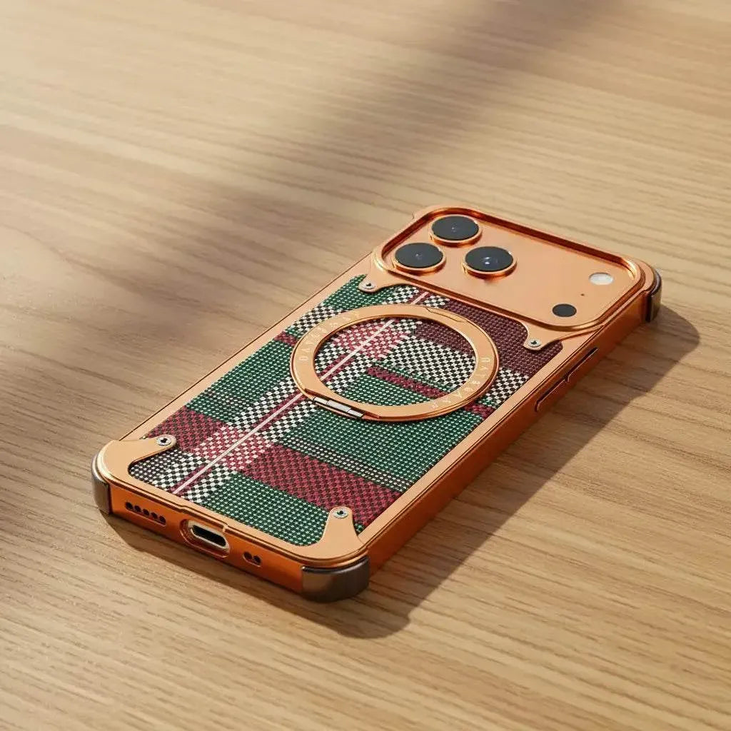 iPhone 17 Pro Max Metal Case, Frameless Leather Magnetic Invisible Stand Cover with Magsafe - Orange