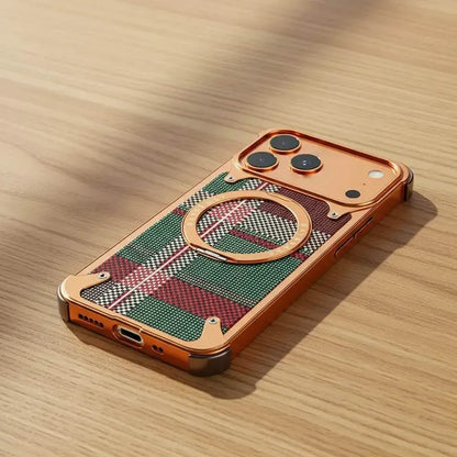 iPhone 17 Pro Max Metal Case, Frameless Leather Magnetic Invisible Stand Cover with Magsafe - Orange