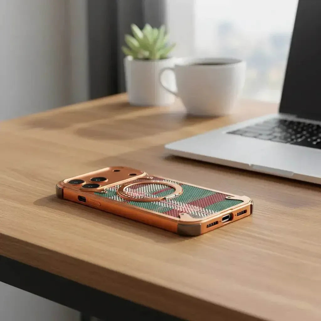 iPhone 17 Pro Max Metal Case, Frameless Leather Magnetic Invisible Stand Cover with Magsafe - Orange